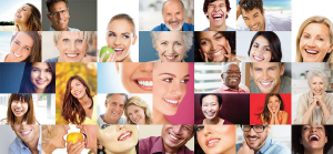 Banner with mosaic of smiling faces